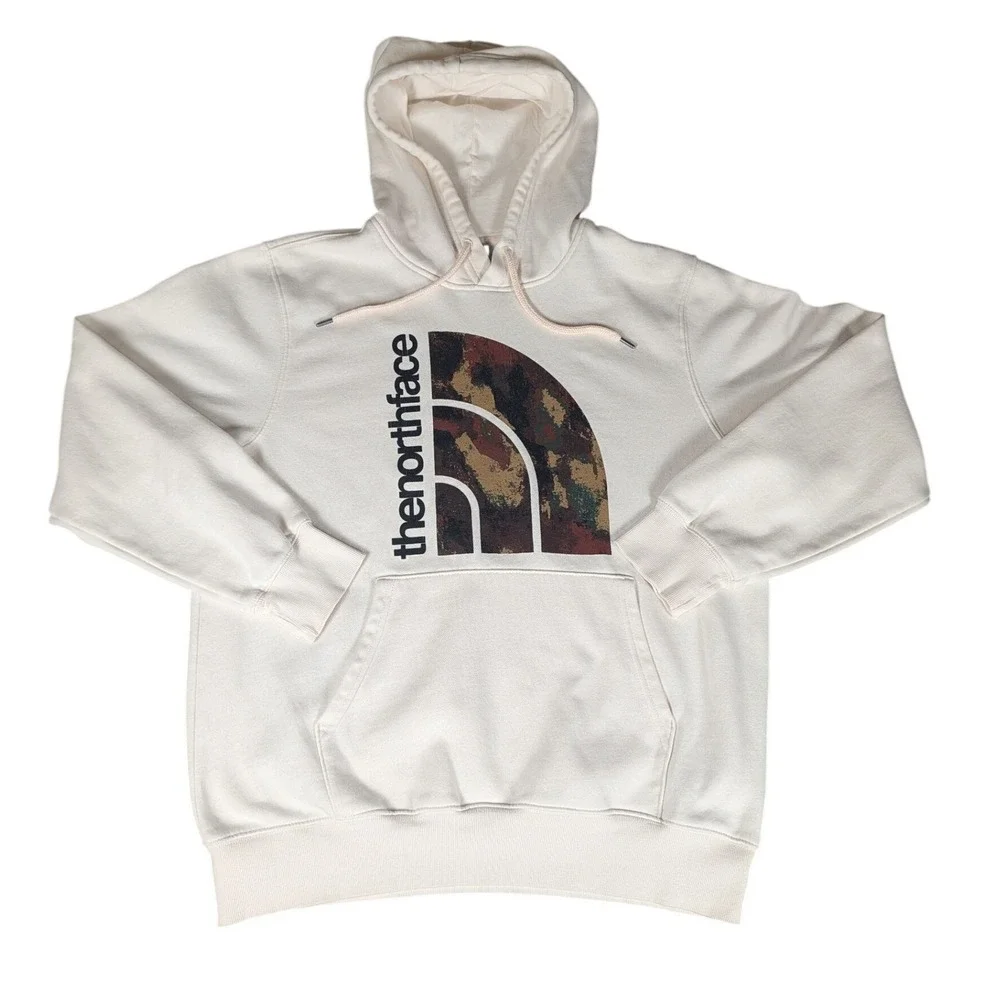 The‎ North Face Mens Cream Camo Logo Pullover Hoodie Off White Sweatshirt L